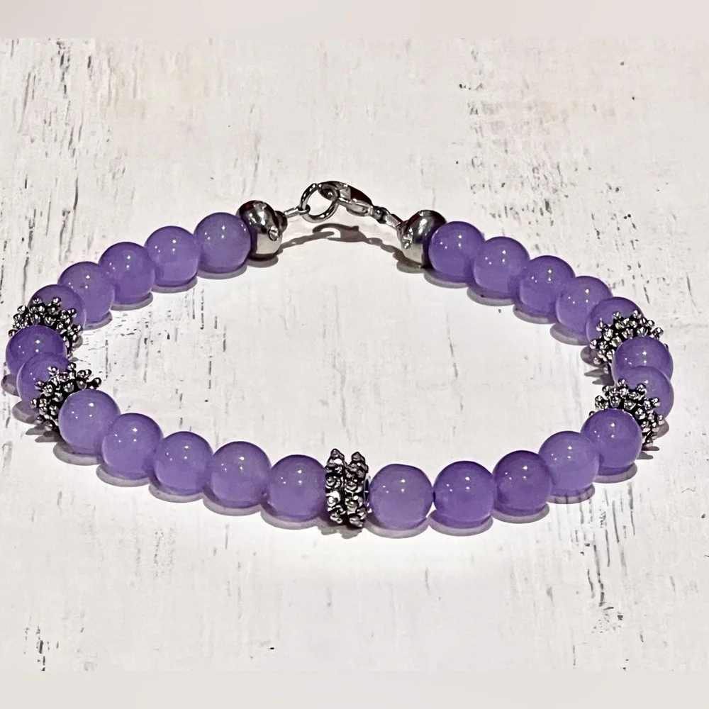 Lavender Jade Handmade Beaded Ankle Bracelet with Silver Daisy Accents